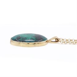 9ct gold azurite pendant necklace, bezel set oval cut azurite, on a gold belcher link chain necklace