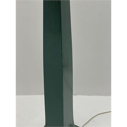 Arts & Crafts style green painted standard lamp, curved and tapered form on platform with splayed bracket feet and shaped aprons, with bulbous shaped shade, H151cm (height excluding shade and fitting)