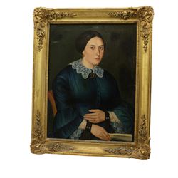 Manner of Ammi Phillips (American 1788-1865): Portrait of Lady in a Blue Dress, oil on canvas bearing inscription 'Galasso Pinxit 1855', 66cm x 50cm
Notes: Phillips was a self-taught artist who was constantly developing his skills as he moved around America, formulating his style to what was popular in an area. For this reason, he did not often sign his work and thus many of his portraits have been misattributed to other artists, particularly due to subtle changes in his technique and his own personal development in portraiture. Various features are instantly recognisable as in the style of Phillips - for instance the framing of the face using stark white collars, often in lace for women. The upright position of the sitter, the muted and dark tones used, and the setting of their dark eyes among round features can all be considered as signature characteristics of a Phillips portrait.