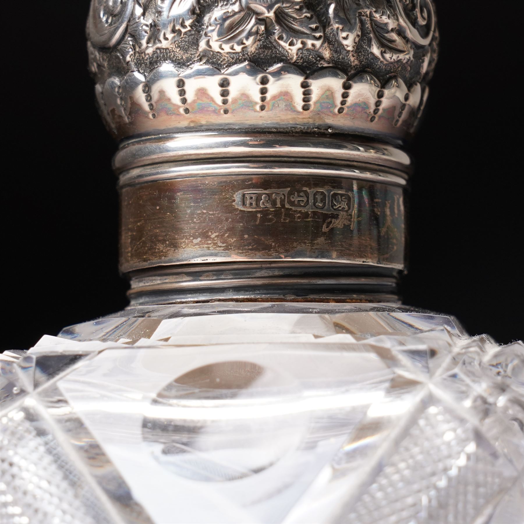 Edwardian glass globe scent flask with silver cover H13cm Birmingham 1905 and another of etched panel sided form with silver cover by Hilliard &Thomason (2)