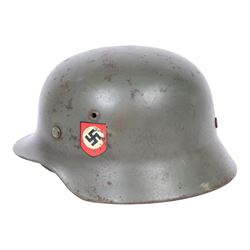German Third Reich Waffen-SS M35 double decal helmet, the left inner brim stamped SF64, the back inner brim stamped 3866, with leather eight tongue liner and chinstrap