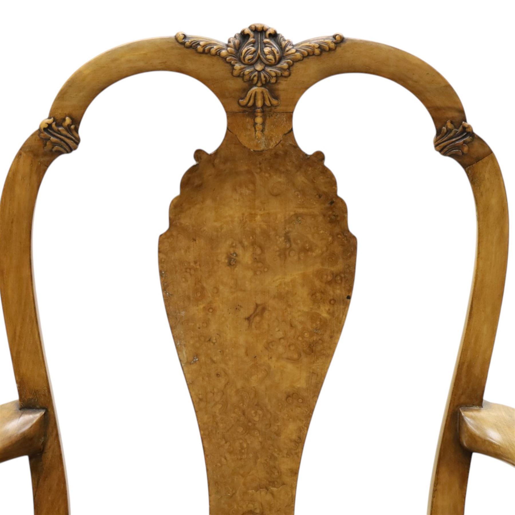 Queen Anne Design walnut kneehole desk with matching chair, rectangular figured top with crossbanding, three frieze drawers, raised on cabriole supports, the chair with serpentine front raised on cabriole supports
