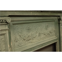  Large 19th century Adam style painted carved pine and gesso fire surround, projecting ogee mantel with gadrooned and egg and dart frieze, panel with ribbon tied fruit swag moulding, enclosed by ionic capped acanthus and floral moulded pilasters, stepped plinth base, overall - W217cm, H183cm, D33cm,  aperture - 111cm x 100cm  