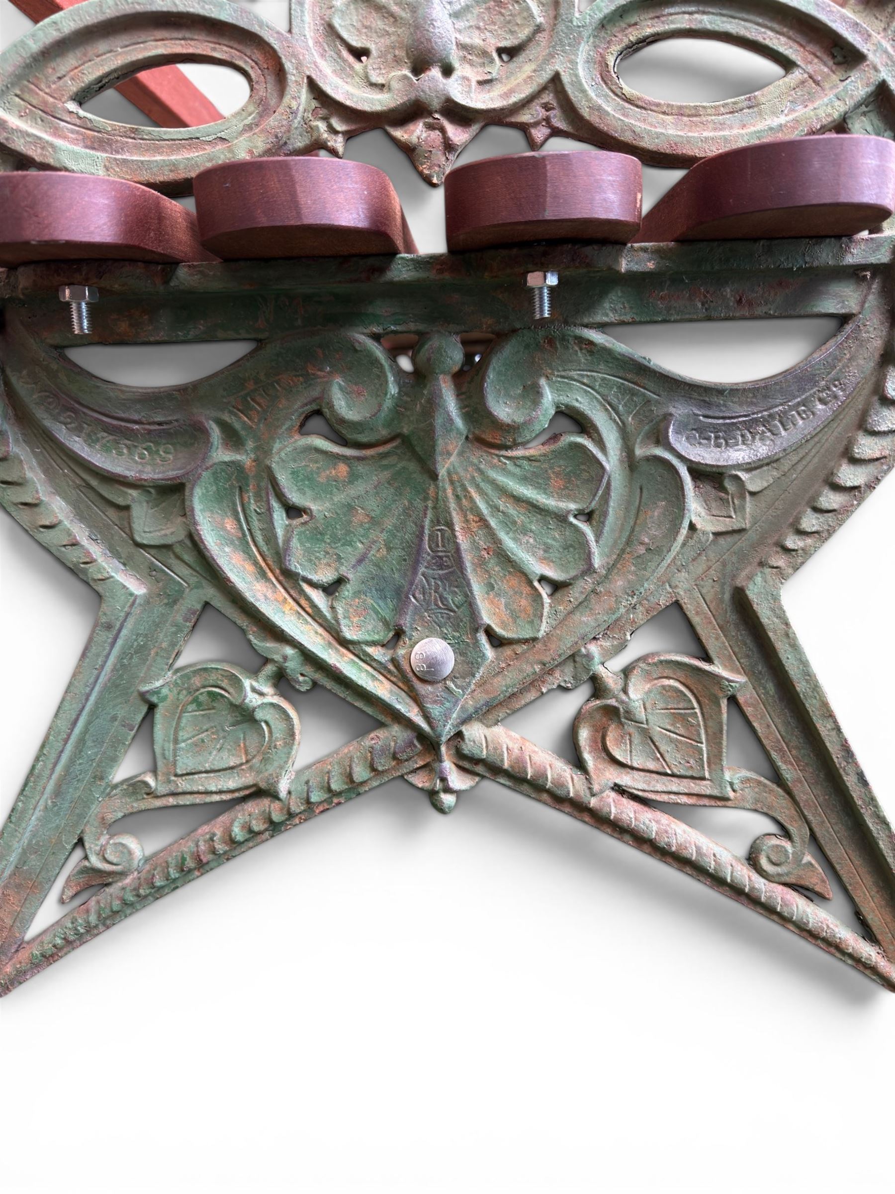 Coalbrookdale - Lily Pad design cast iron an wood slatted garden bench, late 19th century Aesthetic Movement, no. 217569, distressed green paint, iron centre support and seat stretcher, hardwood slatted