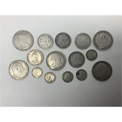 Approximately 88 grams of Great British pre-1920 silver coins, including Queen Victoria Gothic florin, 1884 shilling, King Edward VII 1910 standing Britannia florin etc 