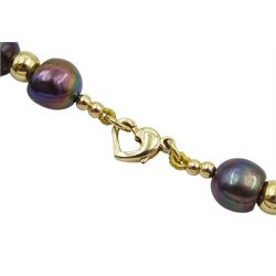 Single strand cultured grey pearl and 18ct gold bead necklace, with 14ct gold clasp