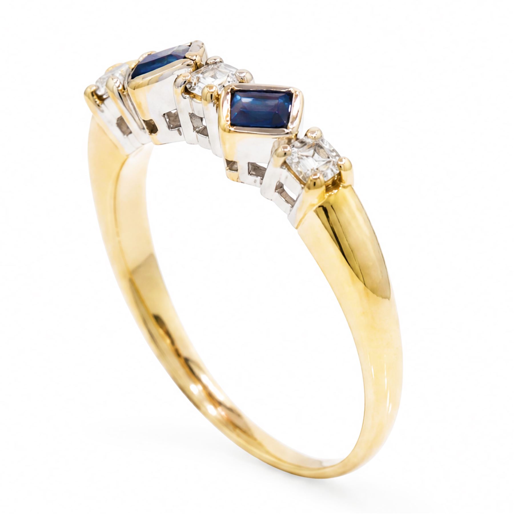 9ct gold sapphire and diamond ring, two square cut sapphires spaced by three round brilliant cut diamonds, hallmarked, total diamond weight approx 0.20 carat