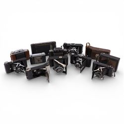 Collection of folding cameras, including Kershaw, Hapo45, Coronet and Ilex examples