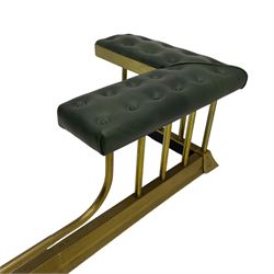 Victorian design brass telescopic extending club fire fender, the corner seats upholstered in buttoned green fabric over plain balustrade, on moulded base with floral cast corner brackets 