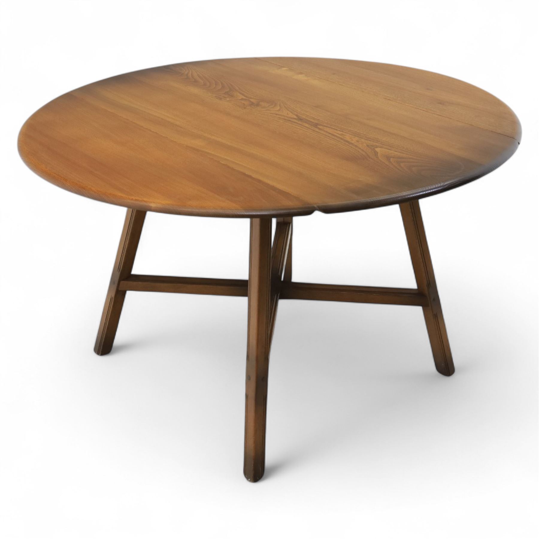 Ercol - dark elm drop leaf oval table, on square supports united by cross stretcher