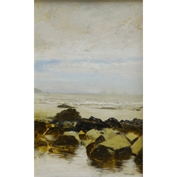  Brian Wright (British 20th century): 'Low Tide Pendarves Point Cornwall', oil on board signed, titled verso 30cm x 19cm Provenance: with The Rowley Gallery, Kensington Church St. London  