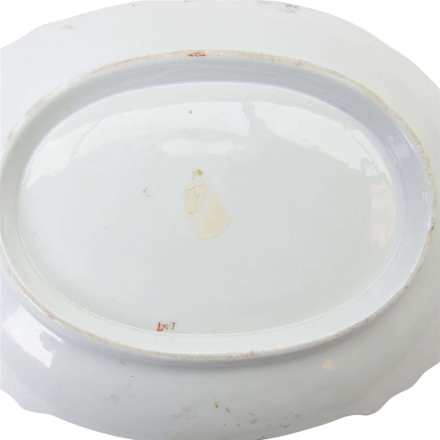 19th century porcelain dessert plate, of unusual shaped oval form, attributed to William Billingsley and painted with floral spray and sprigs, against a moulded scroll and beaded surround and edge, heightened with gilt, W25cm