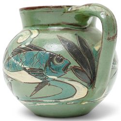 Late 19th century C H Brannam pottery Barum ware sgraffito jug, in green and brown glaze, decorated with fish swimming amongst reeds, signed and dated 1892 to base, H10cm 