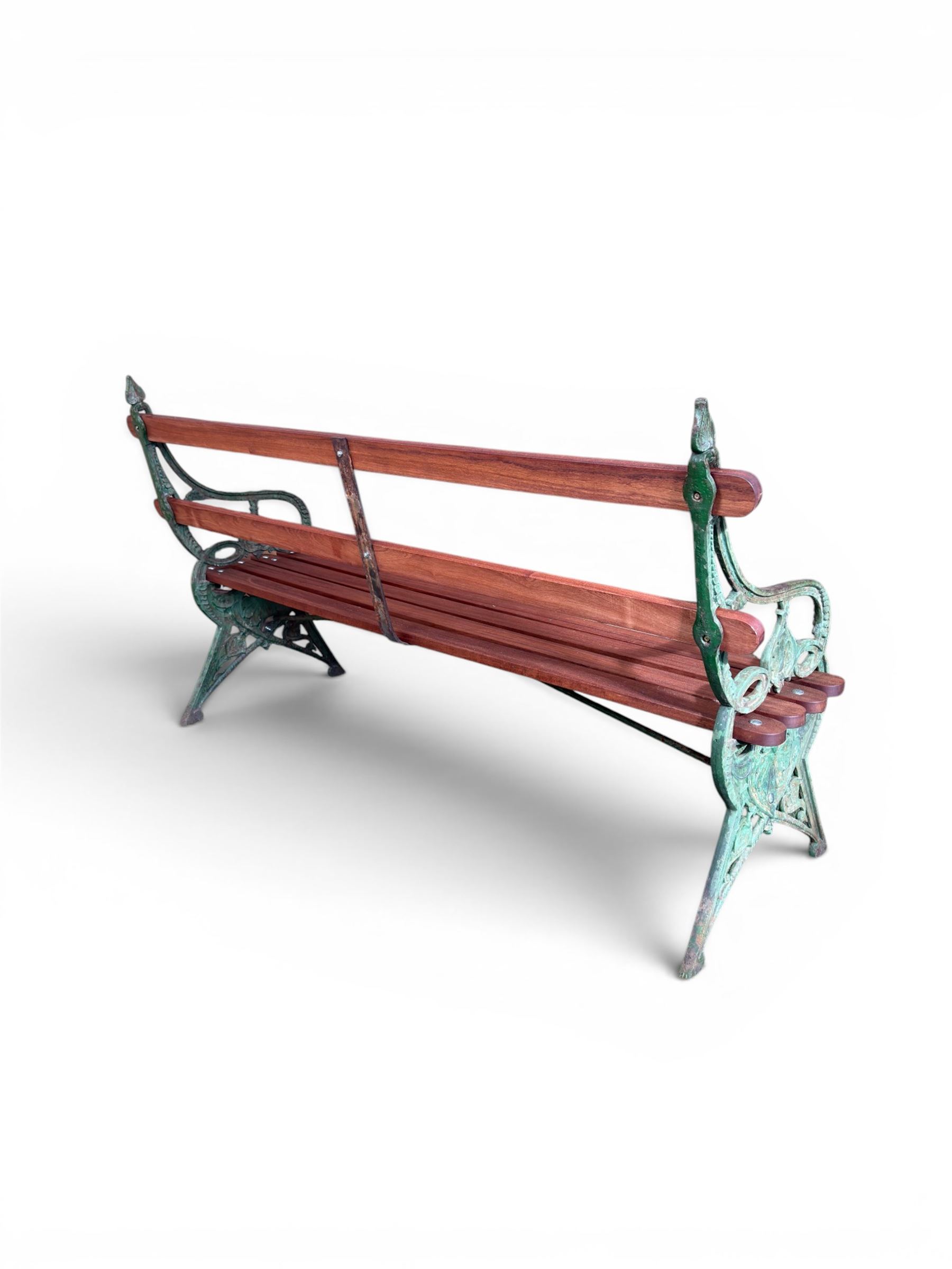 Coalbrookdale - Lily Pad design cast iron an wood slatted garden bench, late 19th century Aesthetic Movement, no. 217569, distressed green paint, iron centre support and seat stretcher, hardwood slatted