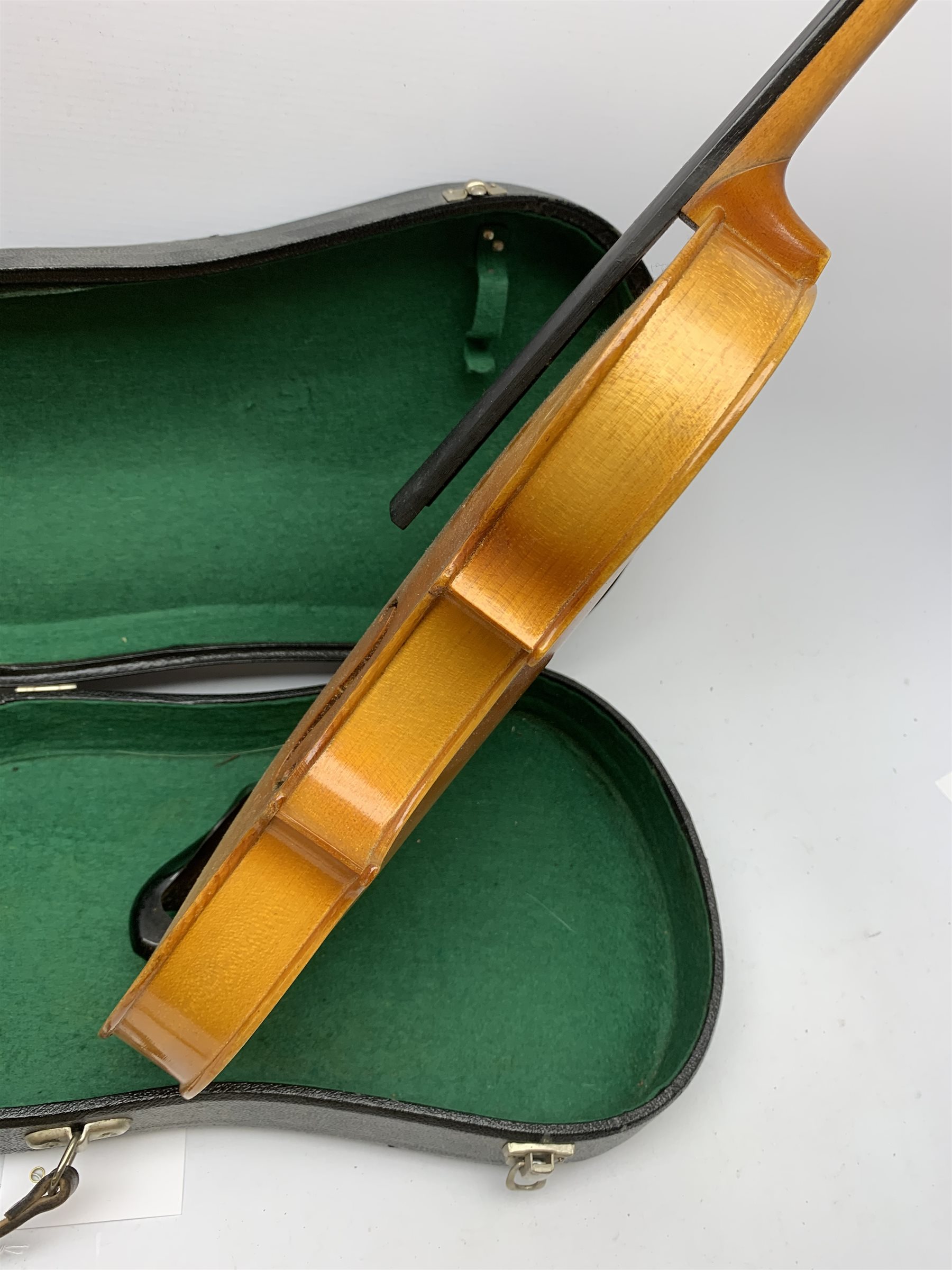Artia Excelsior for Boosey & Hawkes violin for completion with 35.5cm two-piece maple back and ribs and spruce top, bears label, lacking tailpiece, chinrest, bridge and one tuning peg, 59cm overall, in hard carrying case with bow