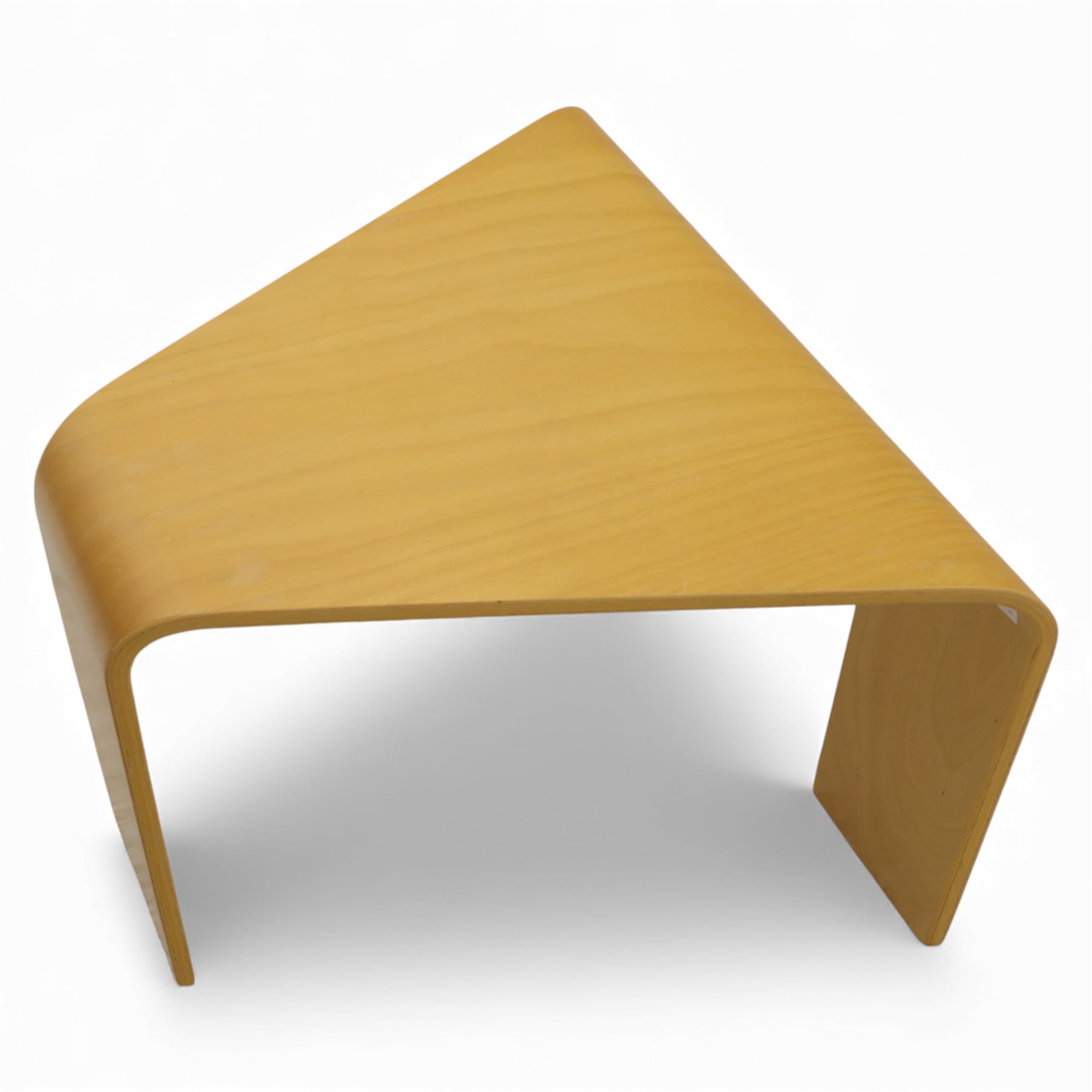 Ekornes - beech and plywood corner table, single folded ply panel forming a continuous top and supports