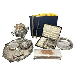 Collection of silver plate to include Aesthetic movement octagonal twin handled bowl, bottle coaster, footed bowl, dessert cutlery with fluted handles etc