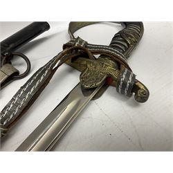 WW2 German Army Prinz Eugen Pattern Officers Dress Sword by Carl Eickhorn, the 80.5cm slightly curving fullered blade with makers name to the ricasso, gilt brass hilt with eagle to the cross-piece and relief of oakleaves to the ferrule, Prinz Eugen style down winged eagle to the pommel of the backstrap; grip retains the original wire binding; in original black painted scabbard with single hanging ring, leather hanger marked 'RZM M5/71 OLC' and silvered knot L97cm overall