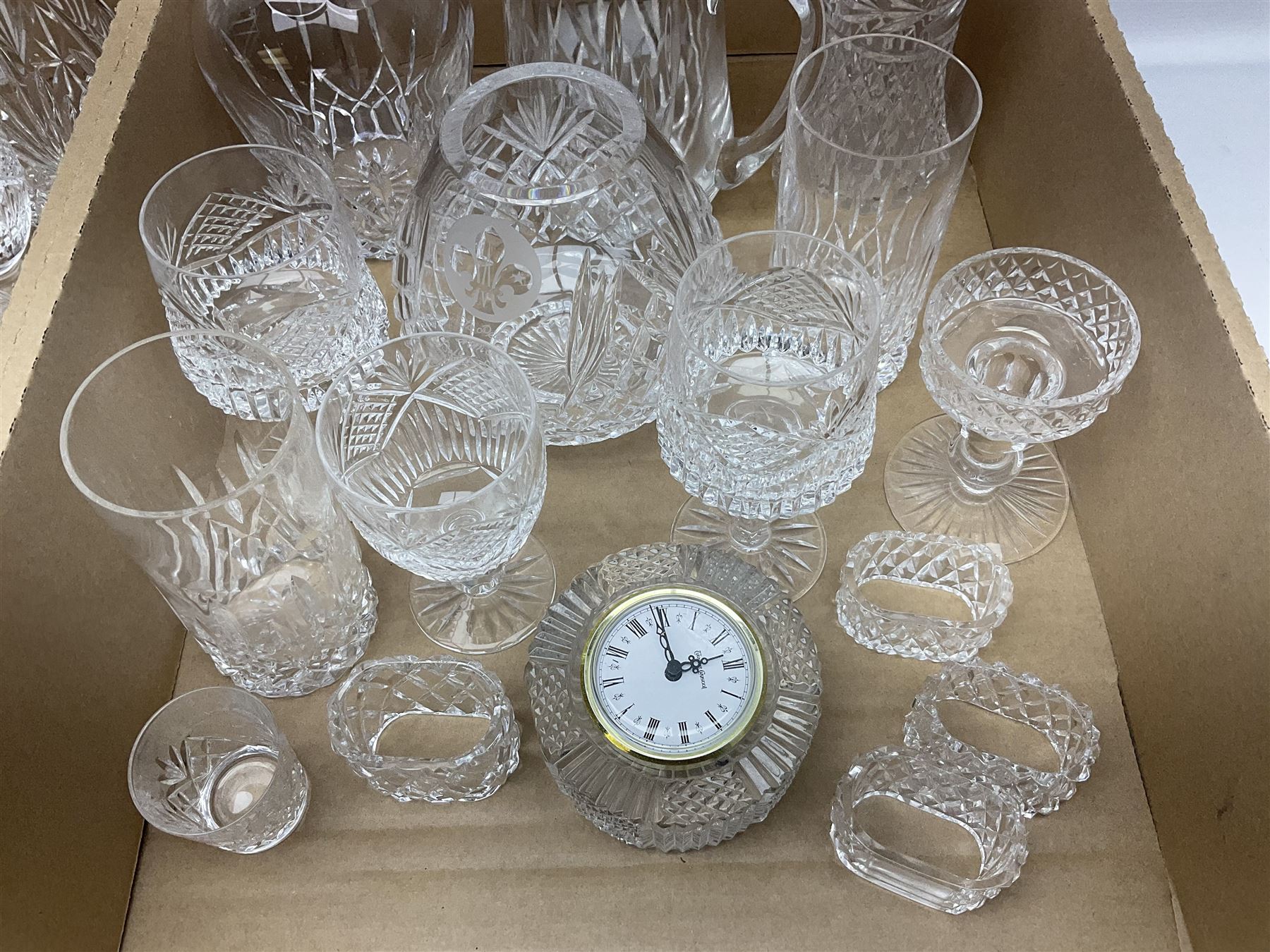 Collection of Waterford and Tyrone crystal, including wine glasses, clock, bowl, etc, together with a collection of other cut glass and crystal