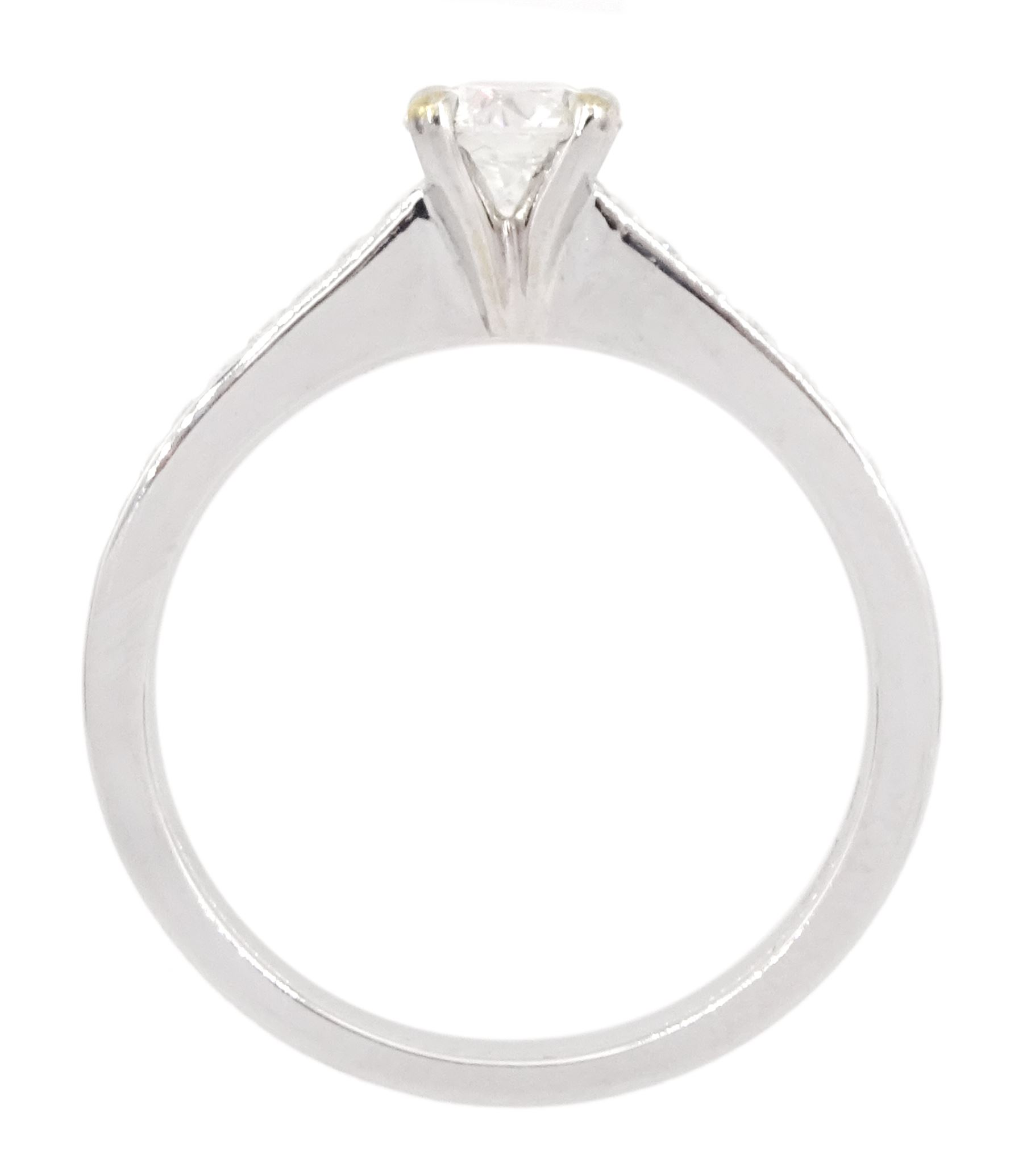 18ct white gold single stone round brilliant cut diamond ring, with diamond set shoulders, stamped 750, principal diamond 0.53 carat, diamond colour D, clarity VVS2, with GIA report