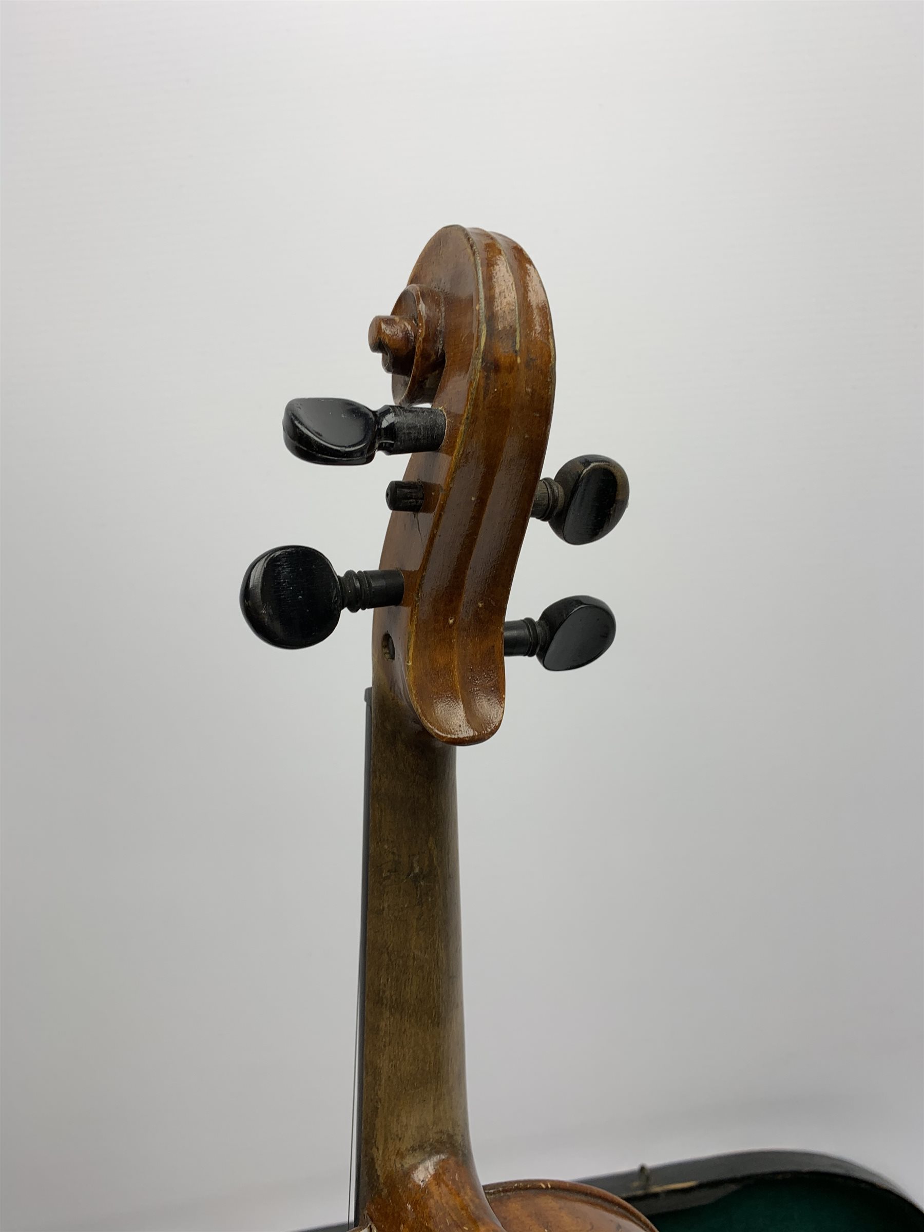 John Murdoch & Co. 'The Maidstone' three-quarter size violin with 33.5cm two-piece maple back and ribs and spruce top, bears label, 55cm overall, in original ebonised wooden 'coffin' case with two bows 