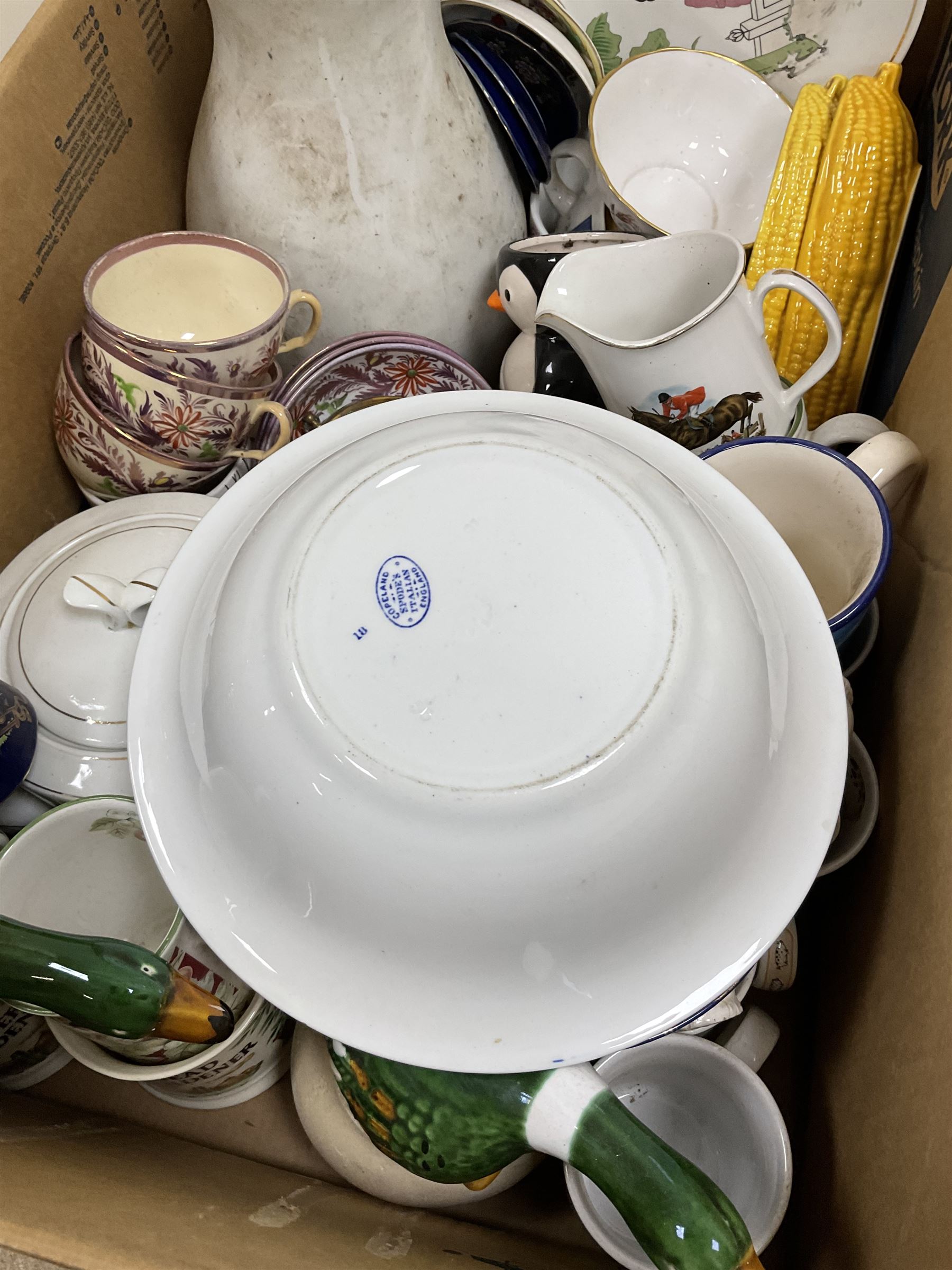 Quantity of Victorian and later ceramics to include Johnson Bros Indian Tree, Copeland Spode blue and white bowl with blue mark beneath, Masons ironstone, Wedgwood dinnerwares, fairing, studio pottery, oriental examples etc