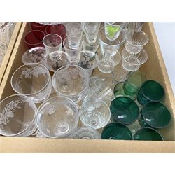 Collection of glassware to include a large footed bowl, water jug, set of four wine glasses, etc, in three boxes