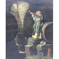 English School (19th/20th century): Tasting in the Wine Cellar, oil on canvas indistinctly signed 49cm x 40cm