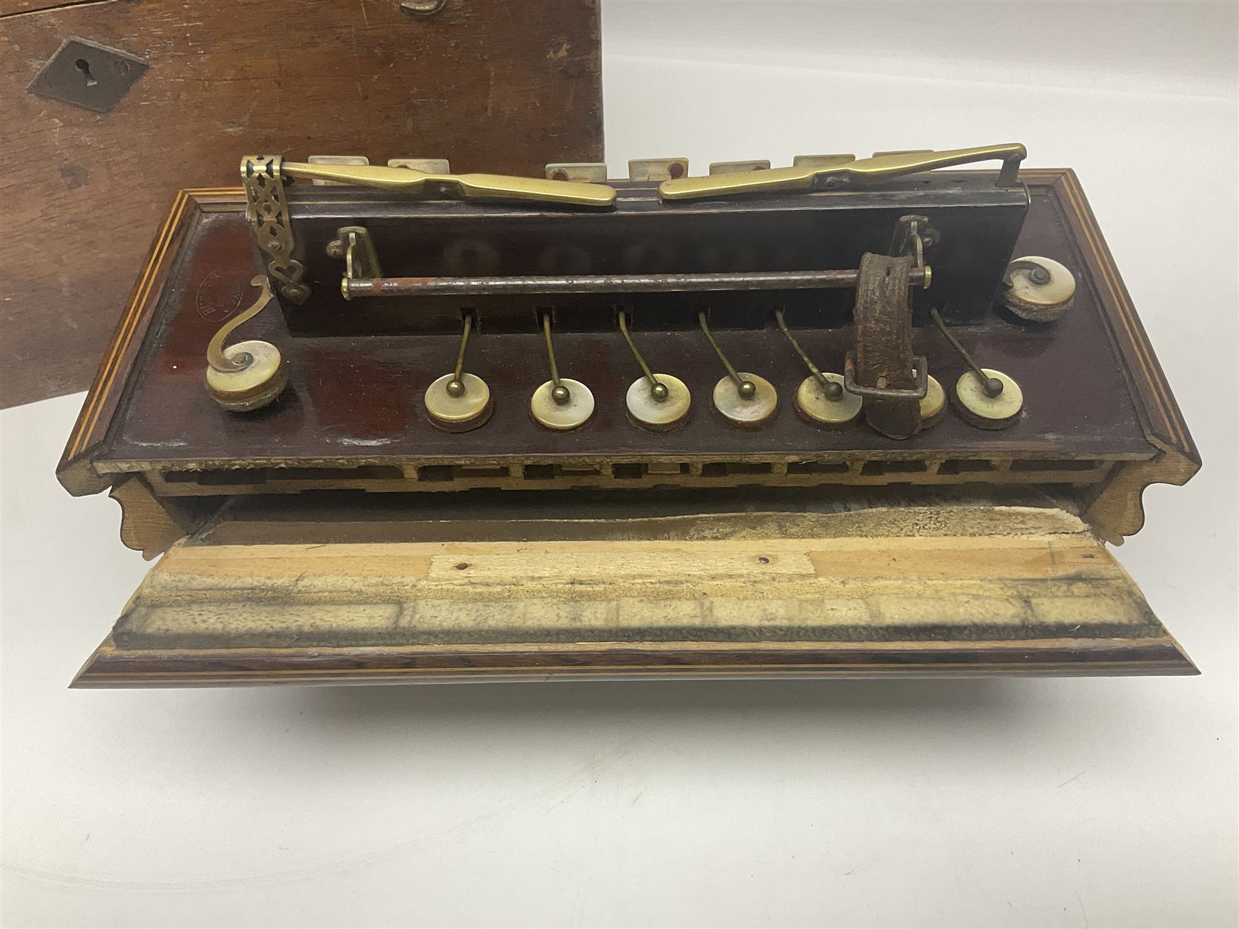 19th Century inlaid rosewood Flutina accordion, stamped Busson of Paris, having sixteen mother of pearl keys and six fold floral decorated bellows L30cm; in baize lined mahogany box