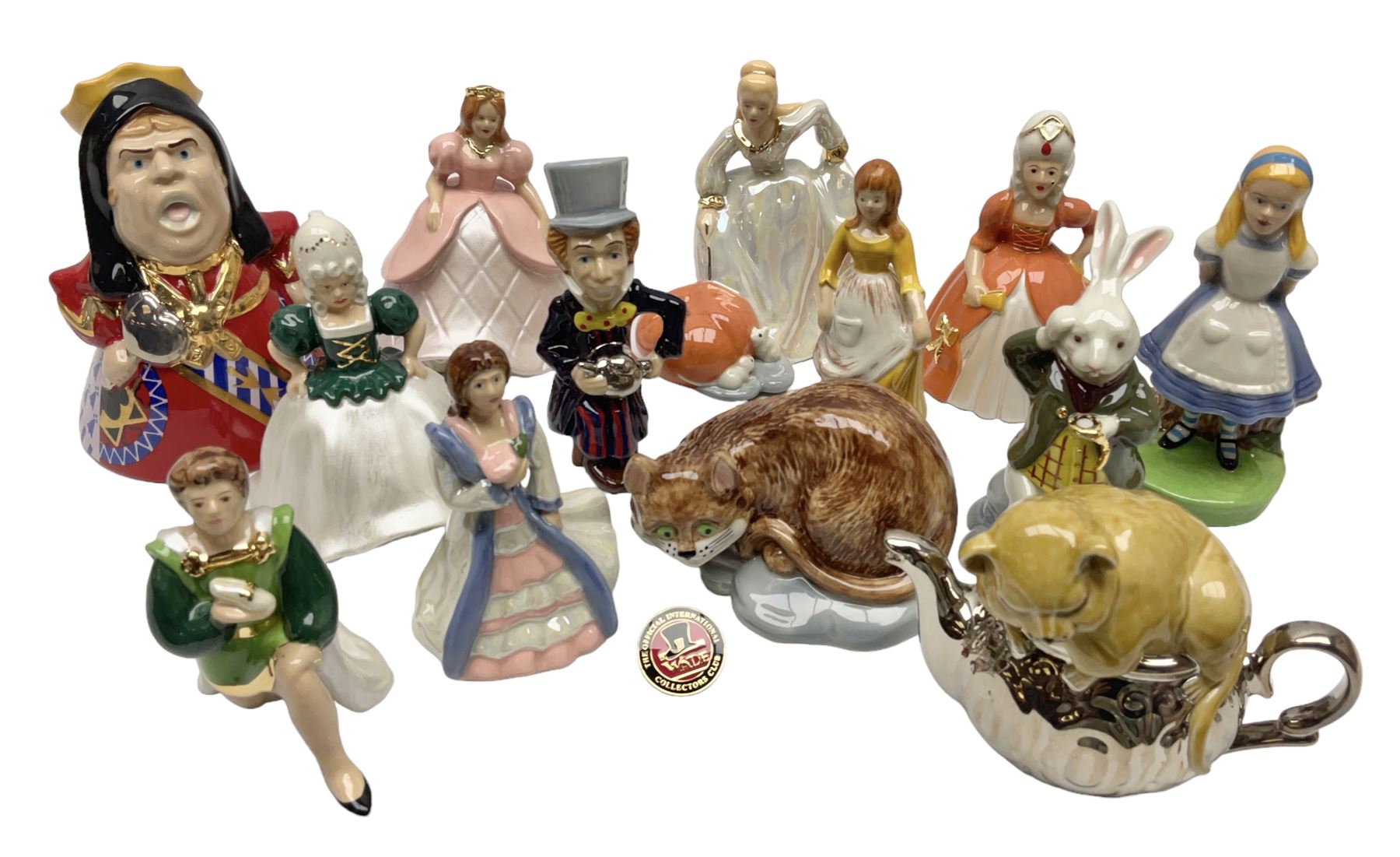 Thirteen Wade Collectors Club figures, comprising six Alice in Wonderland figures; Queen of Hearts, Alice, Mad Hatter, The Doormouse, White Rabbit and Cheshire cat, six Cinderella figures; Fairy Godmother, Cinderella Ready for the Ball, Prince Charming, Cinderella, Clorinda and Thisbe, together with Beauty from Beauty and the Beast, all with original boxes  