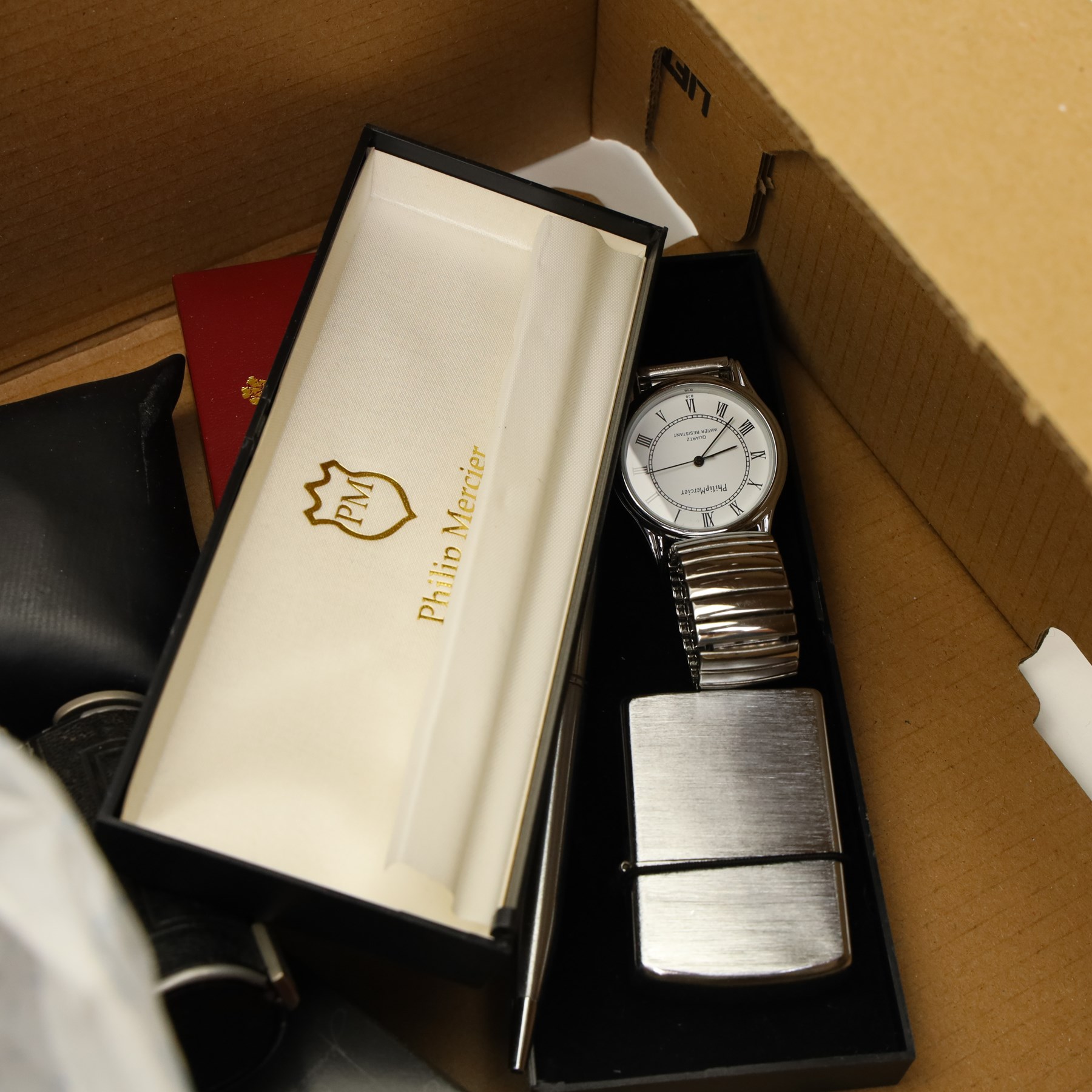 Watermans fountain pen with 18ct gold nib and matching ball point pen in gilt metal cases, pocket and wristwatches, costume jewellery, etc