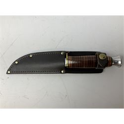 Three hunting knives, each blade marked A. Wright & Sons Sheffield, one with leather handle, one with horn handle and one with antler handle; each with leather sheath (3)