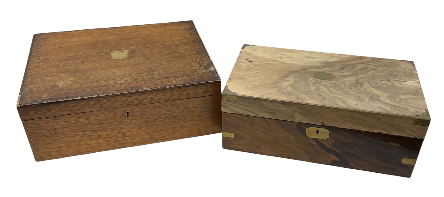 Early 20th century oak canteen box, the hinged lid decorated with marquetry banding and brass shield shaped plaque lifting to reveal red lined interior with lift out tray,  together with a walnut writing slope for restoration, largest L41cm, H44.5cm D33cm