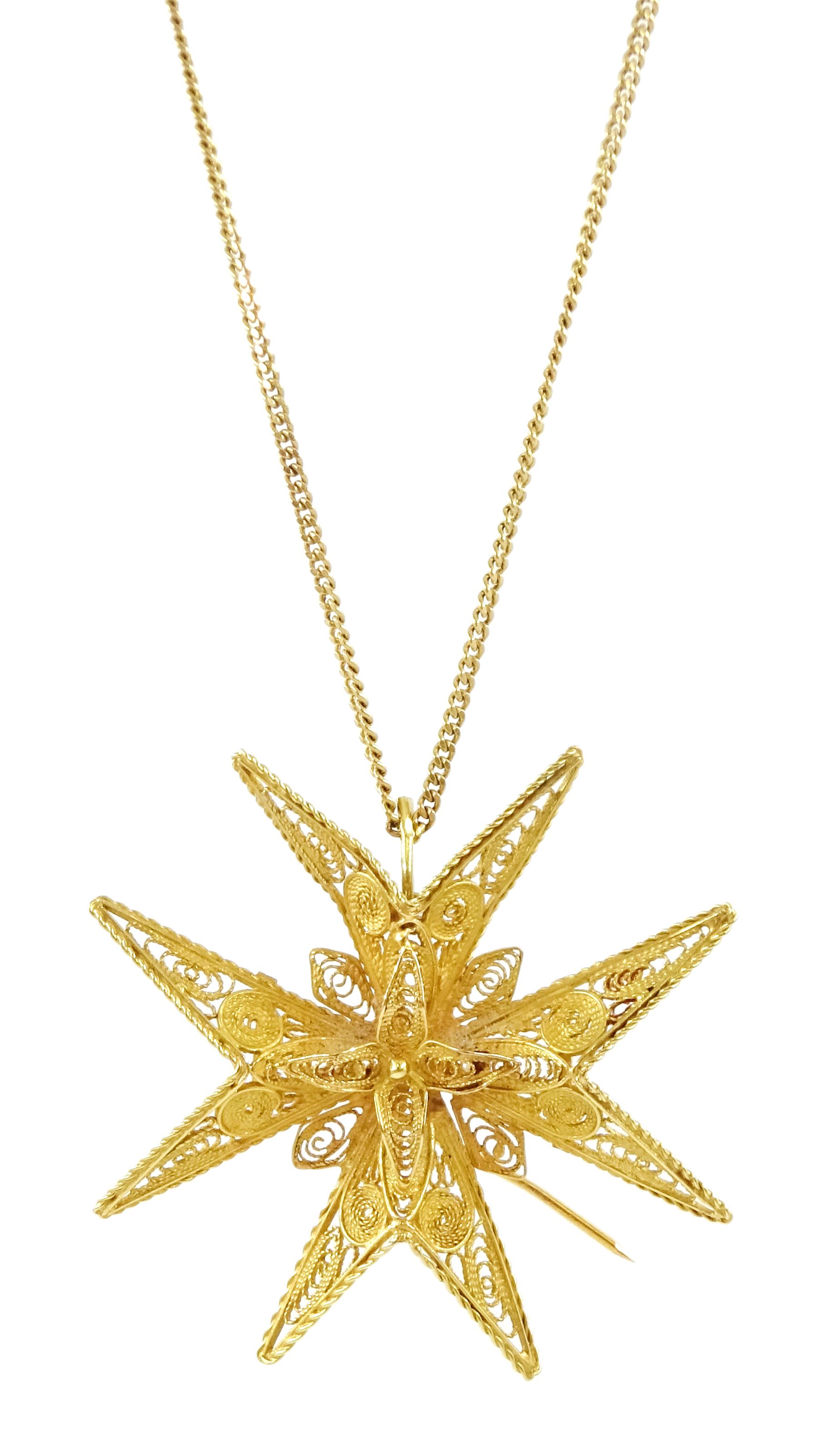 18ct gold filigree Maltese cross pendant / brooch, on 18ct gold chain necklace