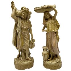 Pair of Royal Dux figures modelled as Persian male and female water carriers, each with applied triangle mark to the base and impressed model numbers 1052 and 1063, tallest H40cm