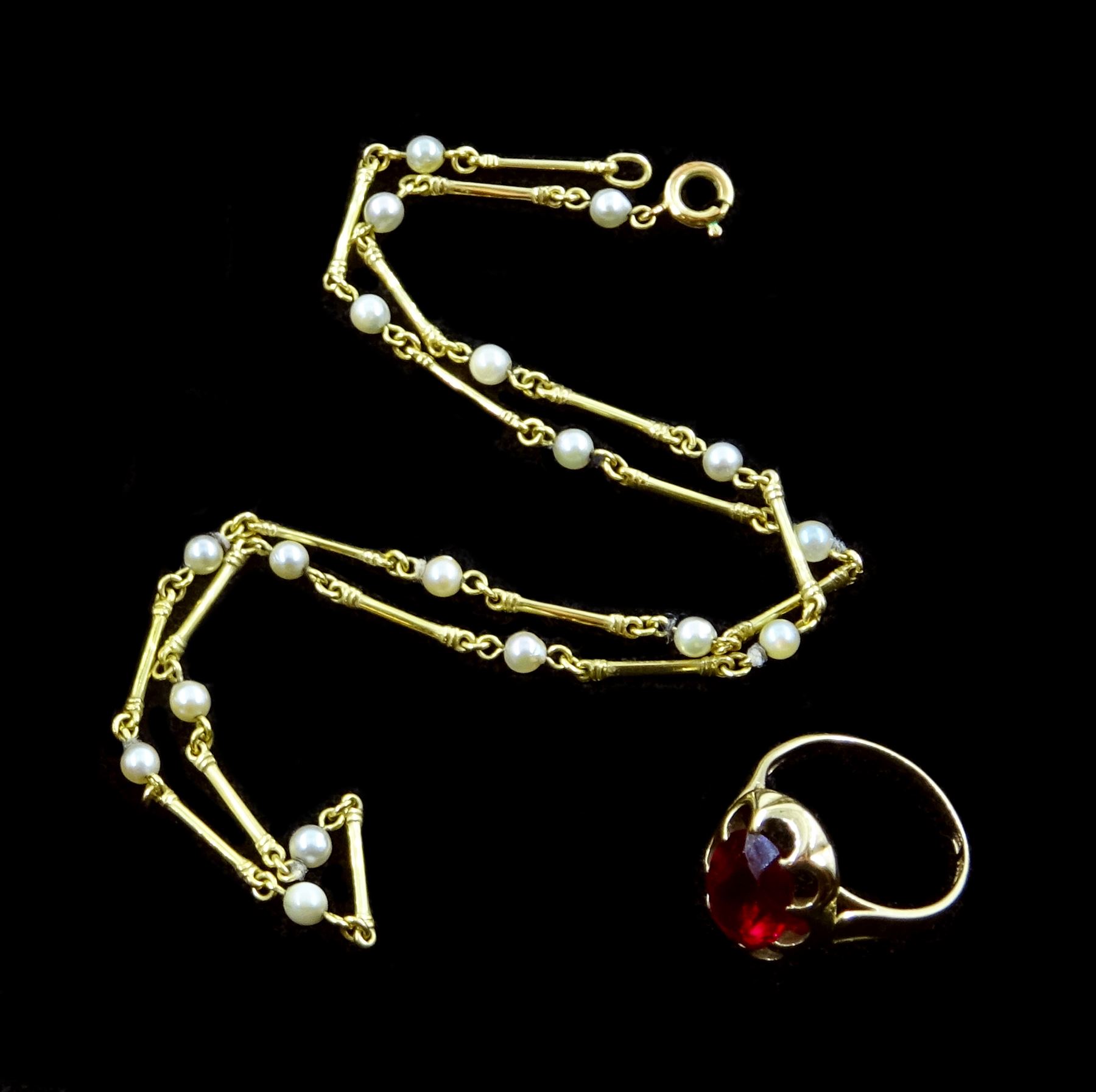 Pearl bead and 9ct gold bar necklace, hallmarked and a 9ct gold red stone set ring