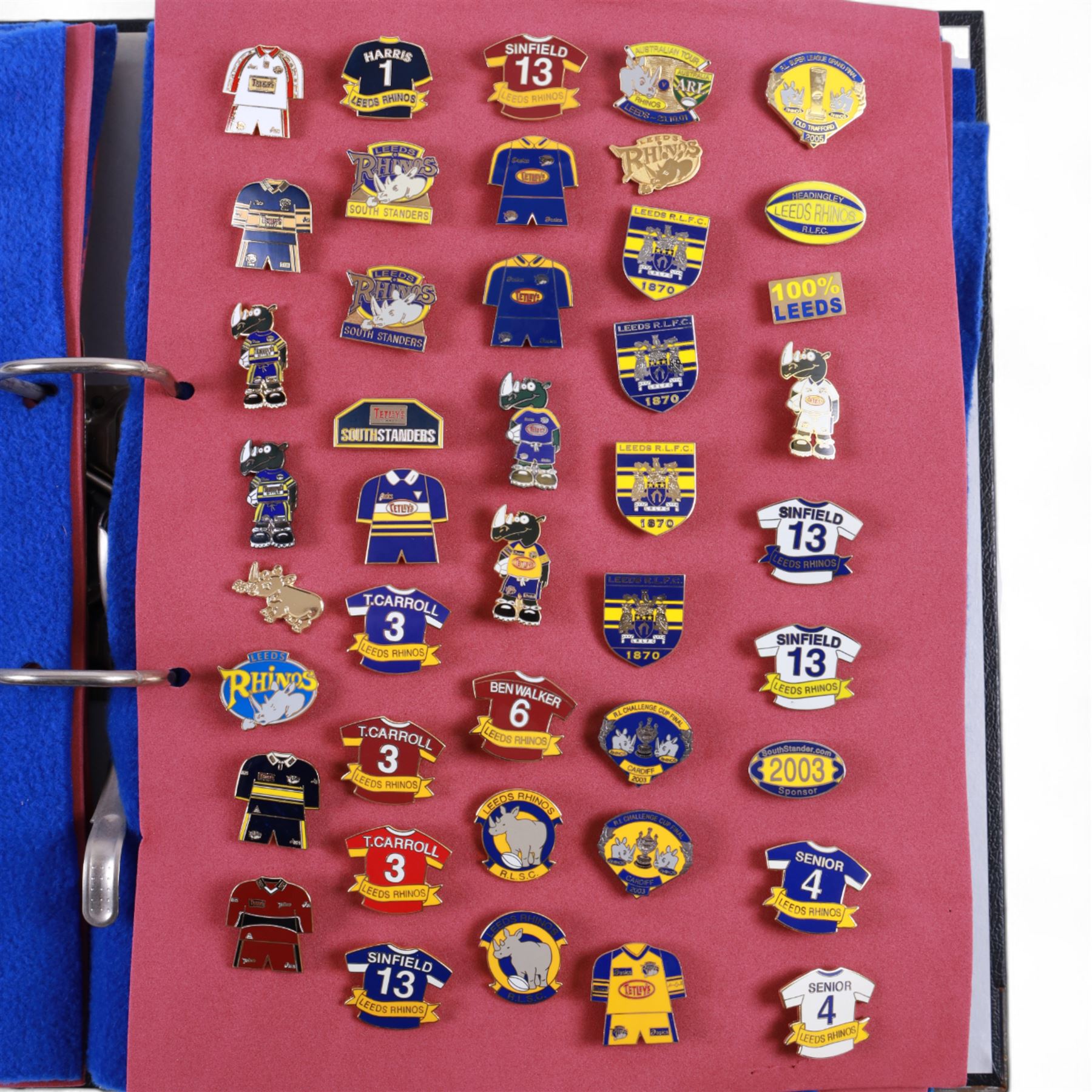 Rugby league enamel badge collection, from clubs including Leeds Rhinos, Lancashire Lynx, Leigh Centurions, London Broncos, Trafford Borough,Toulouse,  Belle Vue Rangers, Carlisle, Nottingham City Outlaws, housed in two folders, (approximately 280)