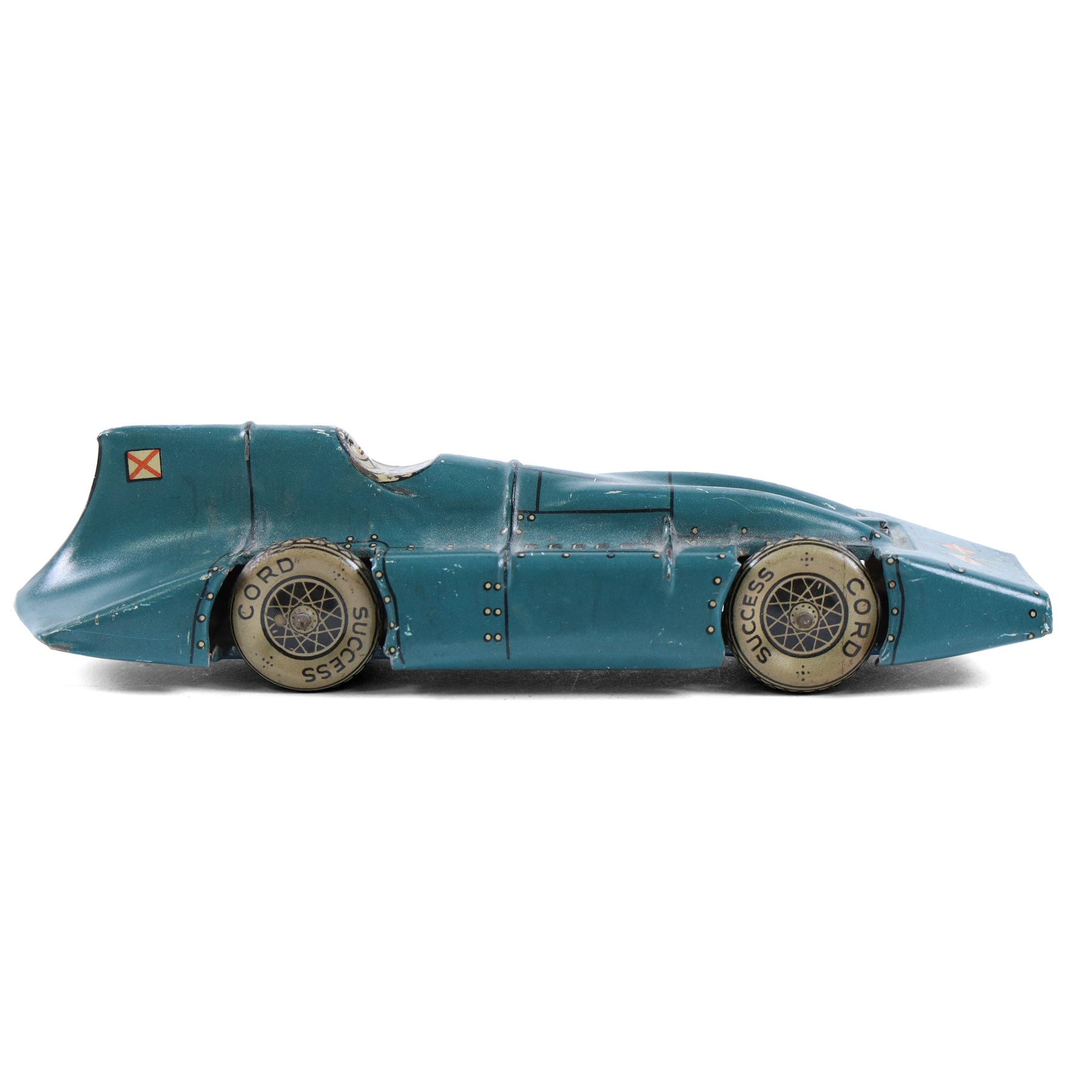 German tinplate clockwork model of Land Speed Record Car 'Bluebird' , blue body with 'Cord Success' to wheels