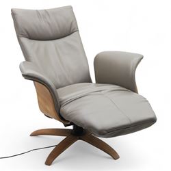 Hjort Knudsen - Danish electric reclining and swivel armchair upholstered in pewter leather, raised on a plywood frame above a five point base