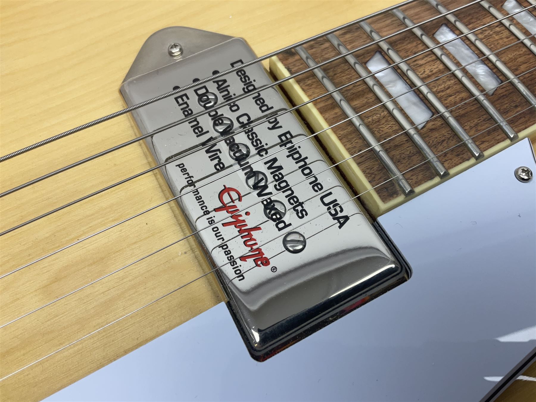 Epiphone Casino NA semi-acoustic guitar with natural maple finish and P90 pick-ups, serial no.19061529340, L105cm overall; in original hard carrying case