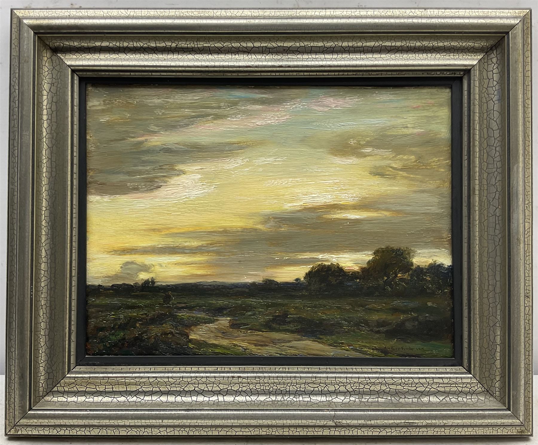 Arthur A Friedenson (Staithes Group 1872-1955): 'On Stoborough Common - Evening', oil on panel signed, titled verso 26cm x 35cm
