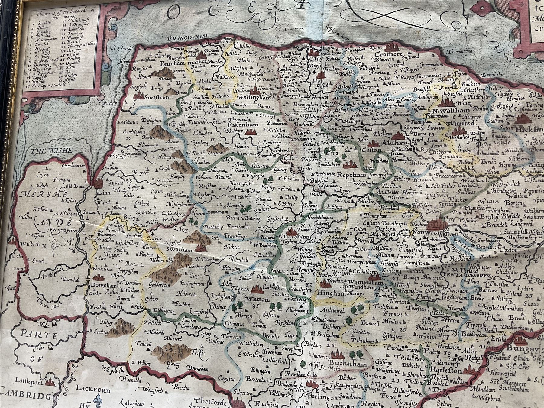William Kip (British fl. 1588-1635) after Christopher Saxton (British 1540-1610): 'Norfolicæ comitatus quem oli icenci' Norfolk, engraved 17th century map with hand-colouring 27cm x 39cm