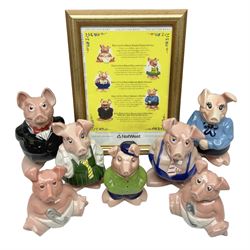  Full Set of Wade Natwest Pigs to include cousin Wesley, with an additional baby and framed leaflet 