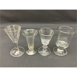 Collection of 18th century and later glassware, including set of three with twist stems and etched and fluted examples