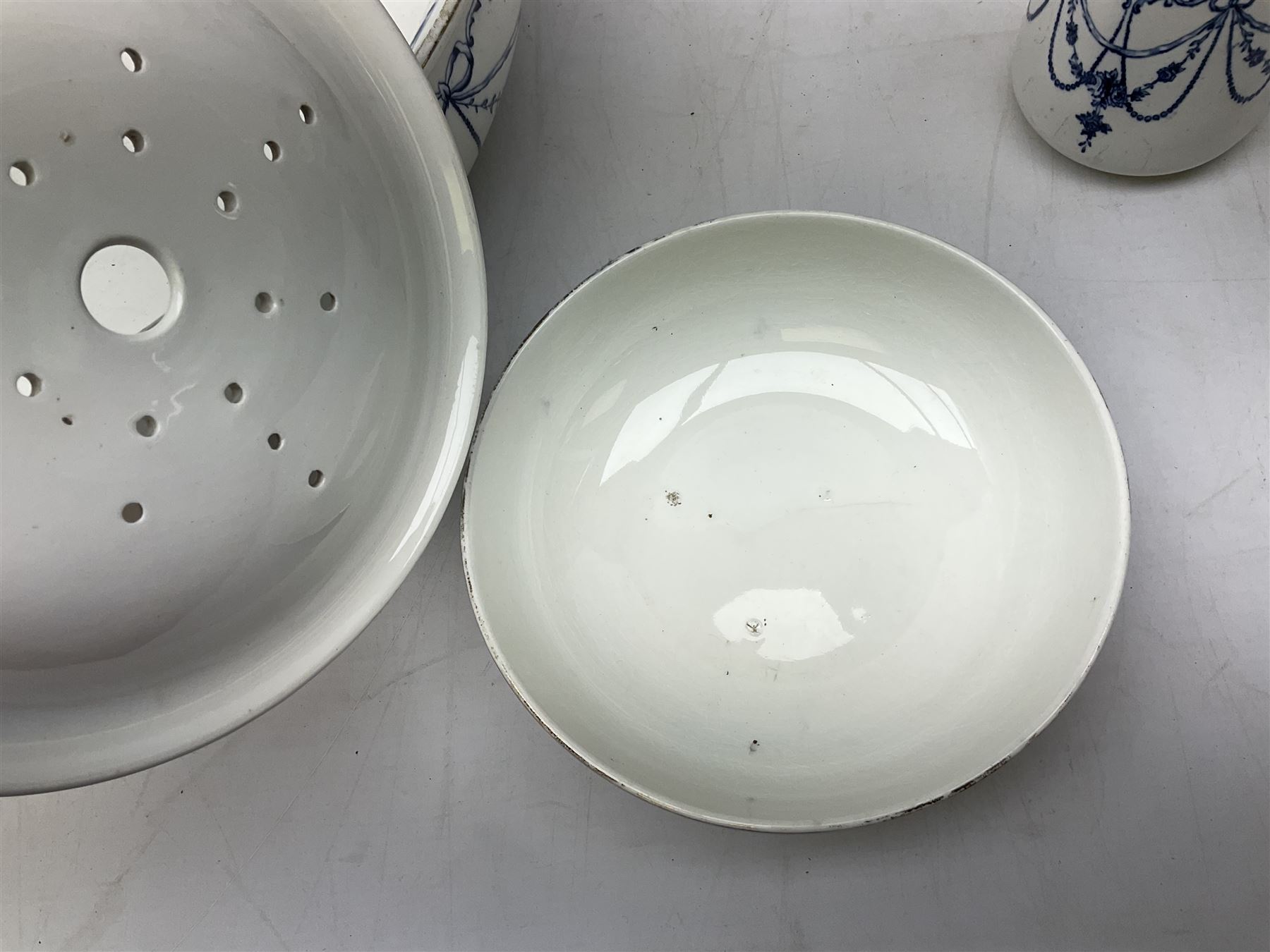 Victorian Empire blue and white transfer printed slop bucket with lid, H28cm excl handle, wash jug and bowl set with toothbrush holder, soap dish and drainer etc