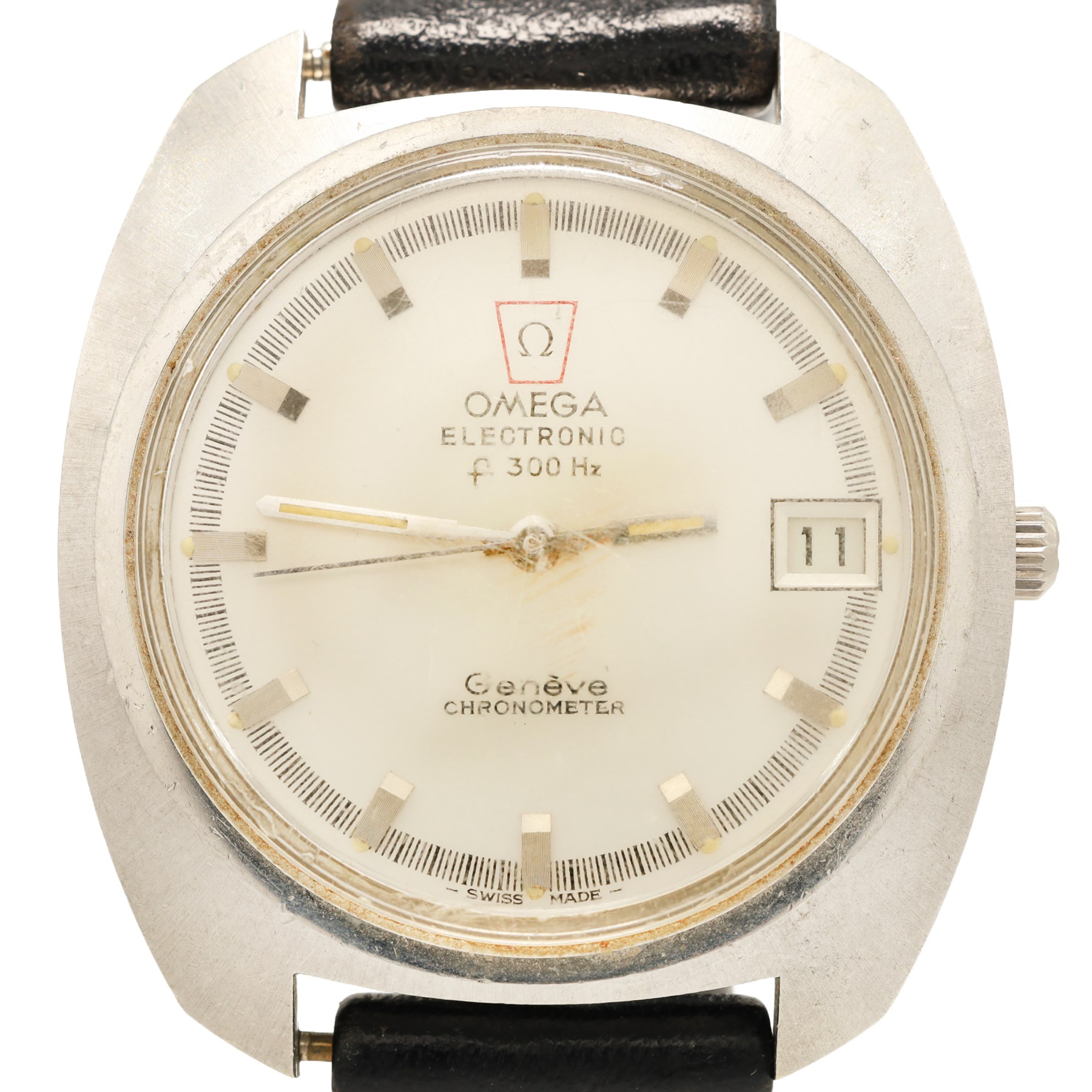 Omega Electronic F300Hz quartz chronometer wristwatch, Ref. 198.030, Cal. 1250, silvered dial with baton hour markers and date aperture, on black leather strap with Omega buckle