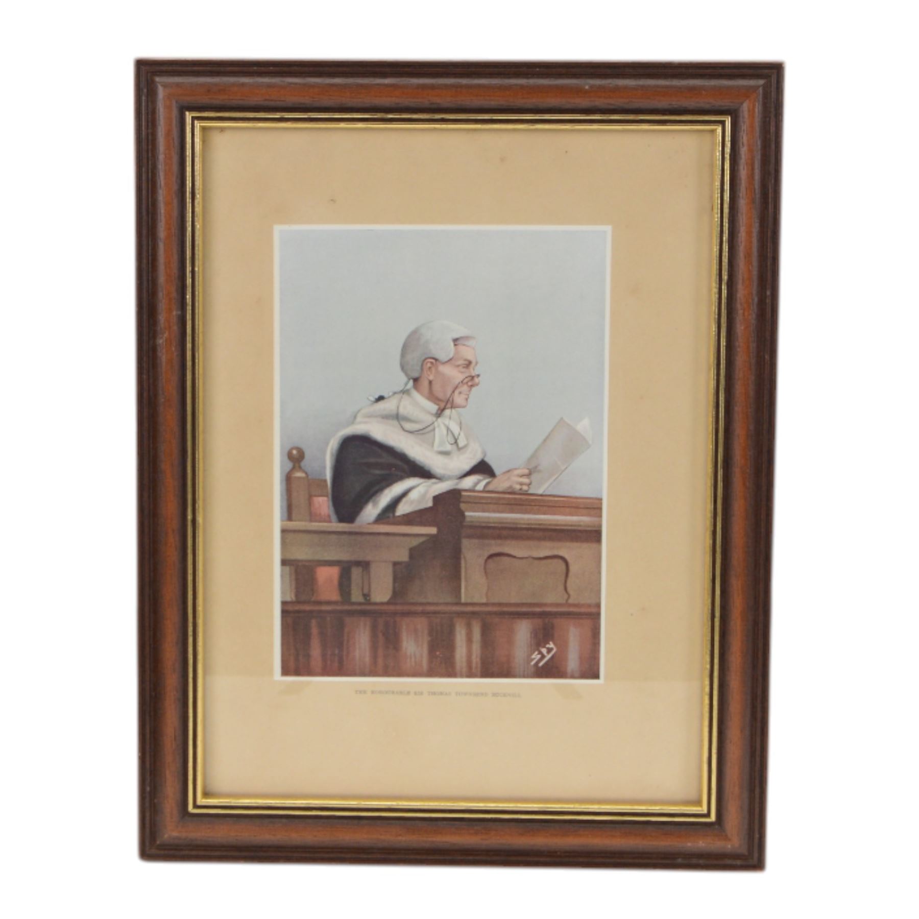 Judge's regalia, including, barrister’s wig in tin monogrammed J.A.W, Ede and Ravenscroft gown, tin of collars, jacket and waistcoat by Daniel Drescott, a glass case containing three miniature legal wigs; barrister’s wig, judge’s full bottom wig and bench wig and four Vanity Fair Spy prints