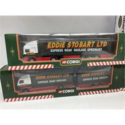 Eddie Stobart - three Corgi die-cast lorries comprising Volvo Short Wheelbase Lorry with Close Couple Trailer; 59516, Renault Curtainside Trailer; 59538 and ERF Curtainside Trailer; 59502, Oxford 1:76 scale die-cast Scania EVO 6 Car Transporter, togther with various Atlas models, all boxed (10)