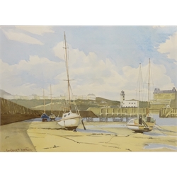  Scarborough Harbour, 20th century watercolour signed by Geoffrey H Douthwaite 32cm x 47cm and Cloughton Nab, two 19/early 20th century watercolour signed by A Smith 19cm x 15cm (3)  