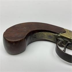 19th Century percussion eprouvette or gunpowder tester, with foliate engraved brass box lock and calibrated ratcheted wheel, steel trigger guard and walnut bag butt, L14cm
